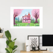 ピンクハビクトリアンウス&さくらんぼブロッサムラージプリント ポスター (ホームオフィス)