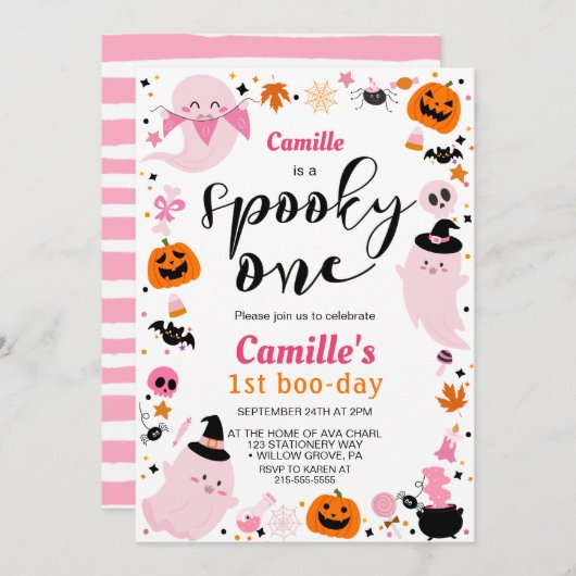 ピンクハロウィーンかわいい幽霊ファースト誕生日 招待状 (正面/裏面)