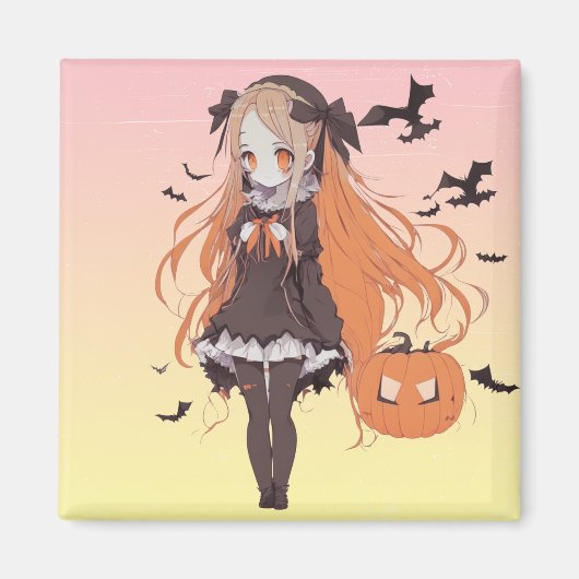 ピンクハロウィーンアニメガールとこうもり マグネット (正面)