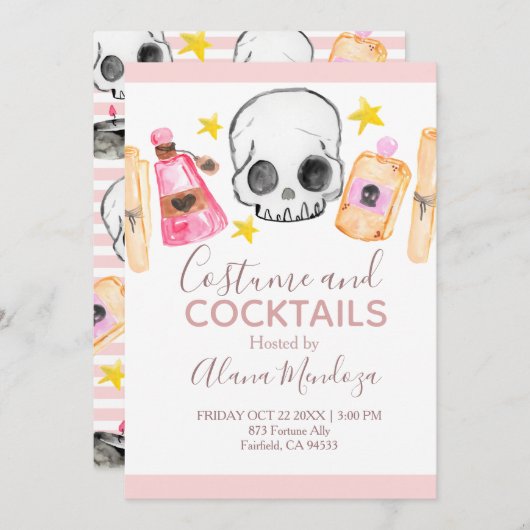 ピンクハロウィーンコスチュームとカクテルパーティー招待状 招待状 (正面/裏面)