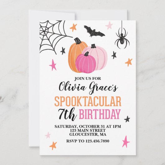 ピンクハロウィーンスポオクタキュラーガール誕生日 招待状 (正面)