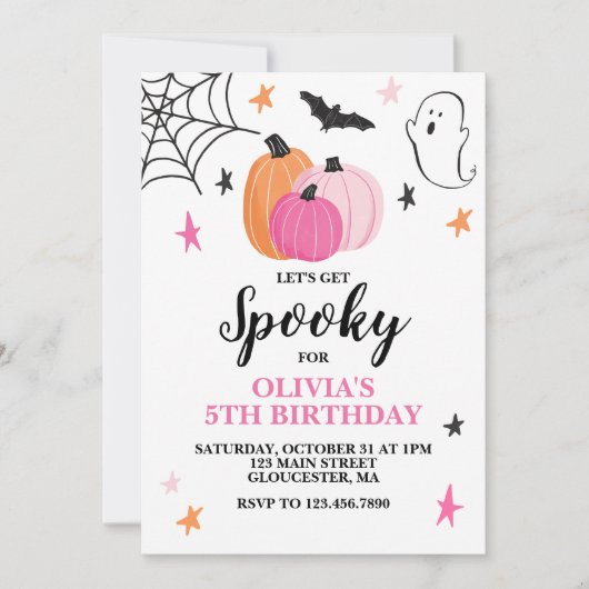 ピンクハロウィーンスポオクタキュラーガール誕生日 招待状 (正面)