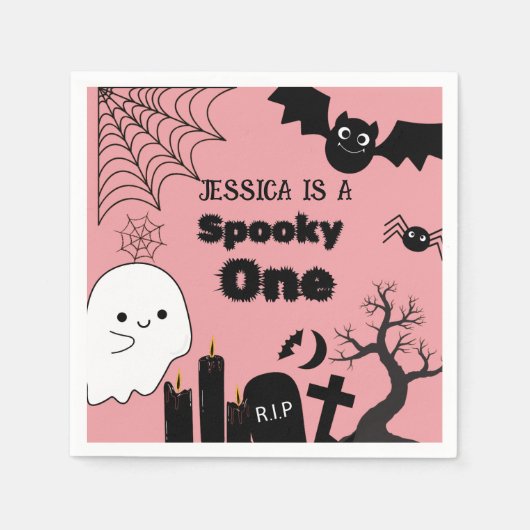 ピンクハロウィーンスポキーワンファースト誕生日パーティー スタンダードカクテルナプキン (正面)