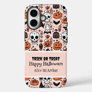 ピンクハロウィーントリックまたはトリート名前をカスタムする iPhone 16ケース