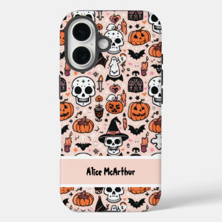 ピンクハロウィーントリックまたはトリート名前をカスタムする iPhone 16ケース