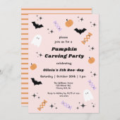 ピンクハロウィーンパンプキンカービングパーティー誕生日 招待状 (正面/裏面)