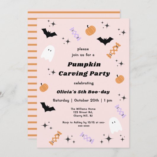 ピンクハロウィーンパンプキンカービングパーティー誕生日 招待状 (正面/裏面)