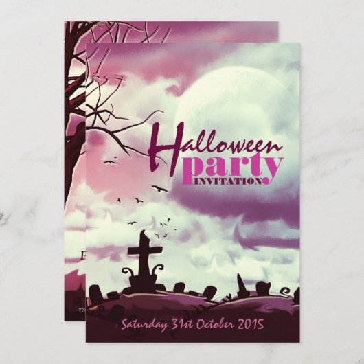 ピンクハロウィーンフルムーン墓地招待状 招待状 (正面/裏面)