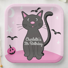 ピンクハロウィーンブラックキャット誕生日ガール ペーパープレート
