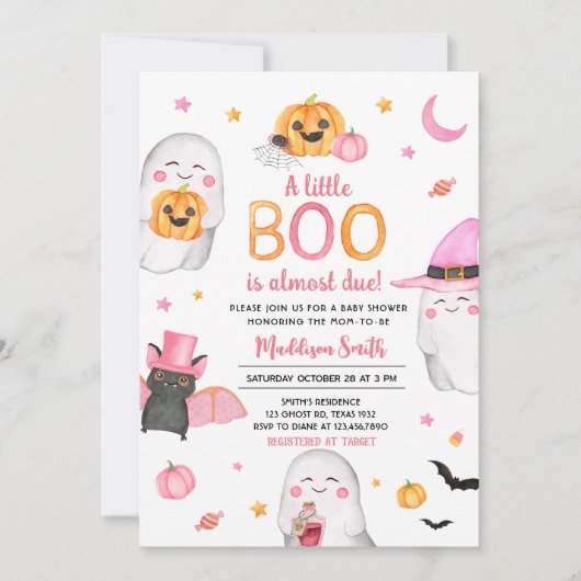 ピンクハロウィーン小さなブー幽霊赤ちゃんシャワー 招待状 (正面)