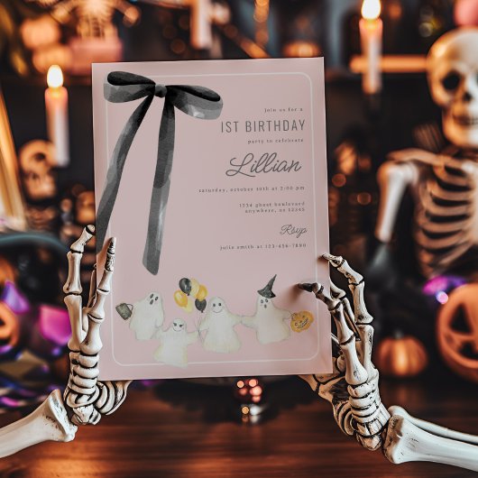 ピンクハロウィーン幽霊とブラックボウ誕生日 招待状