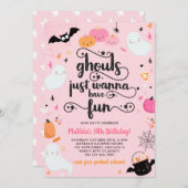 ピンクハロウィーン幽霊ガール誕生日衣装パーティー 招待状 (正面/裏面)