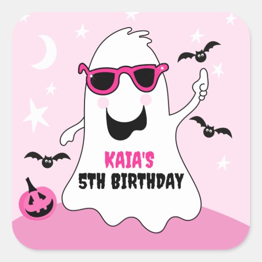 ピンクハロウィーン幽霊ガール誕生日 スクエアシール (正面)