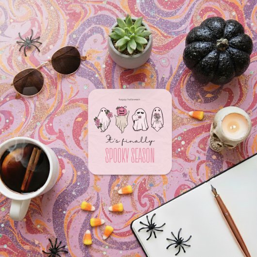 ピンクハロウィーン幽霊シール スクエアシール