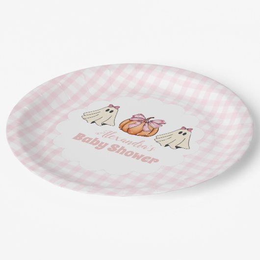 ピンクハロウィーン幽霊ボウガールベビーシャワー ペーパープレート (アングル)