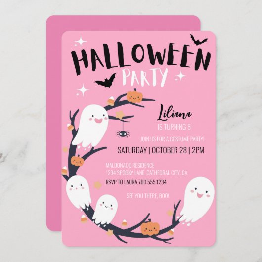 ピンクハロウィーン誕生日パーティー 招待状 (正面/裏面)