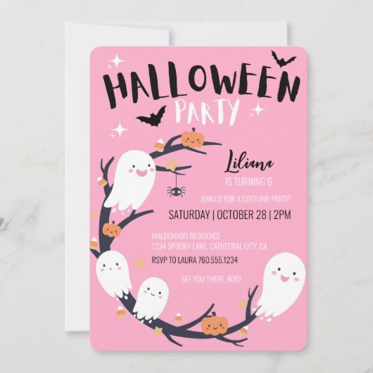 ピンクハロウィーン誕生日パーティー 招待状 (正面)