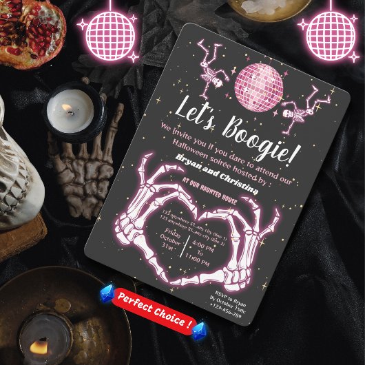 ピンクハロウィーン踊りスケルトンディスコボールパーティー 招待状
