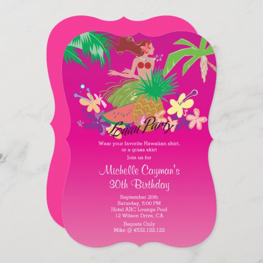 ピンクハワイアンルアウ（ハワイ式宴会）誕生パーティー 招待状 (正面/裏面)