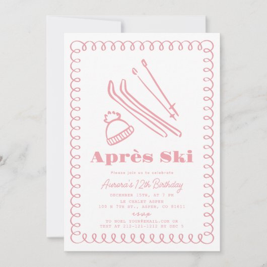 ピンクハンドドロッドアレーススキーウィンター誕生日 招待状 (正面)