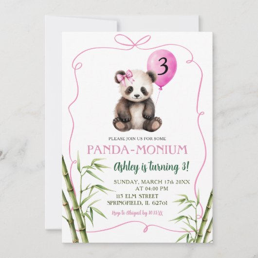 ピンクハンドドローガールパンダウィズボウ誕生日 招待状 (正面)