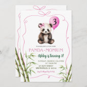 ピンクハンドドローガールパンダウィズボウ誕生日 招待状 (正面/裏面)