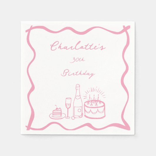 ピンクハンドドロー30thバースデーナプキンス スタンダードカクテルナプキン (正面)