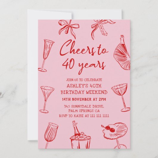ピンクハンドファンキードロー40歳の誕生日パーティー 招待状 (正面)
