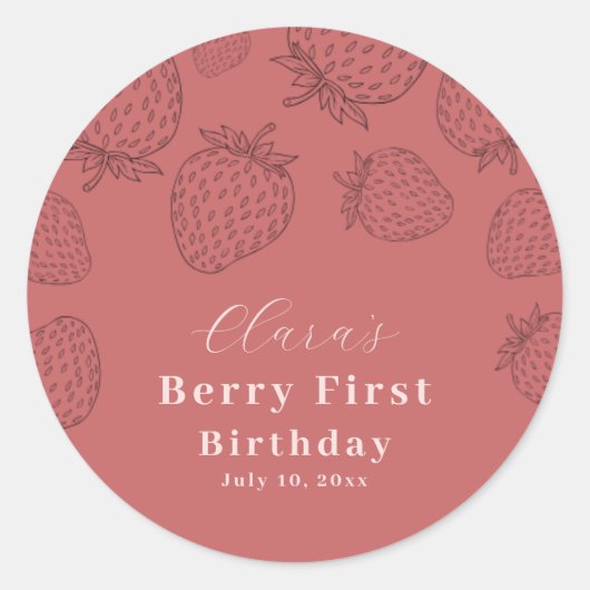 ピンクハンドラウィングストロベリーファースト誕生日 ラウンドシール (正面)