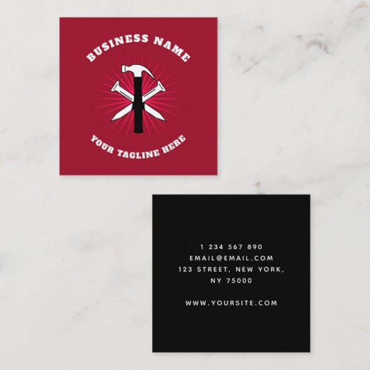 ピンクハンマー&爪、 ネイル建築ツールHandyman スクエア名刺 (正面/裏面)