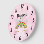 ピンクハーツゴールドレインボースターユニコーンホーン顔 ラージ壁時計 (傾斜)