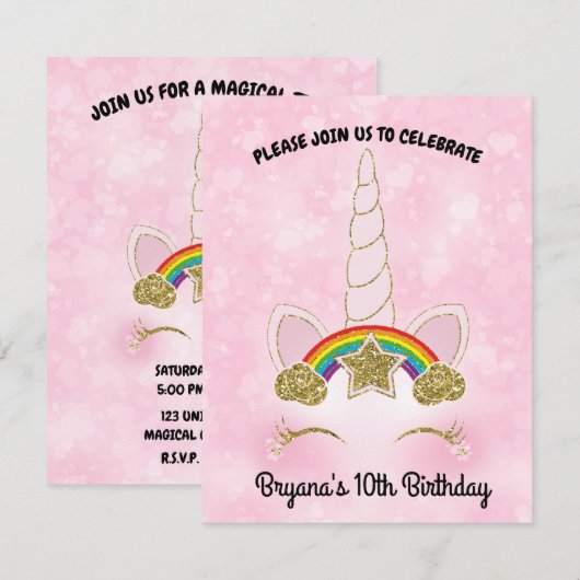 ピンクハーツゴールドレインボースターユニコーンホーン フェイス 招待状 (正面/裏面)