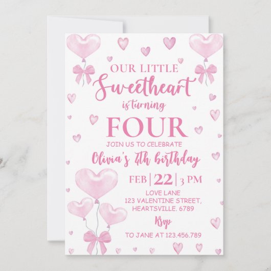 ピンクハーツバレンタインガール誕生日招待状 招待状 (正面)