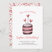 ピンクハートお誕生日ケーキ招待状 招待状 (正面/裏面)