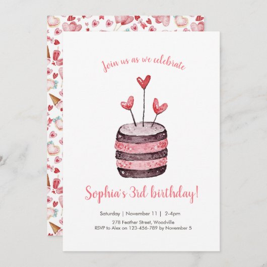 ピンクハートお誕生日ケーキ招待状 招待状 (正面/裏面)
