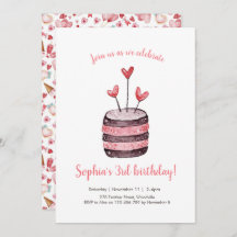 ピンクハートお誕生日ケーキ招待状
