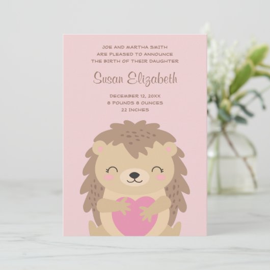 ピンクハートかわいいハリネズミ漫画誕生 案内状 (スタンド正面)