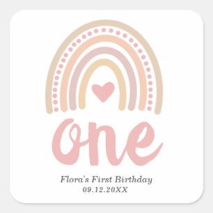 ピンクハートかわいい女の子ボホレインボーファースト誕生日 スクエアシール