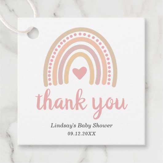 ピンクハートかわいい女の子ボホレインボーベビーシャワー フェイバータグ (正面)