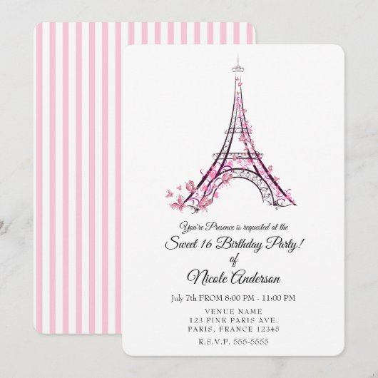 ピンクハートとバタフライ パリ エッフェル塔パーティー 招待状 (正面/裏面)