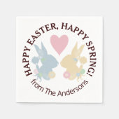 ピンクハートとパカラフルステルイースターバニー紙 スタンダードカクテルナプキン (正面)