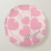 ピンクハートとリボンパーソナライズされたバレンタイン ラウンドクッション (正面)