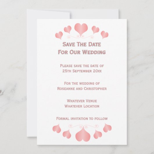 ピンクハートのデザインの結婚式 セーブザデート (正面)