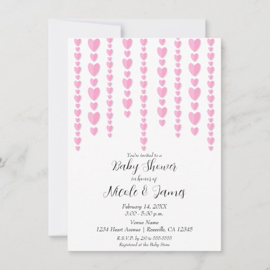 ピンクハートのバレンタインカップルのベビーシャワー 招待状 (正面)