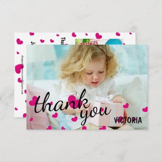 ピンクハートの写真 - 3x5 ありがとう フラットカード サンキューカード (正面/裏面)