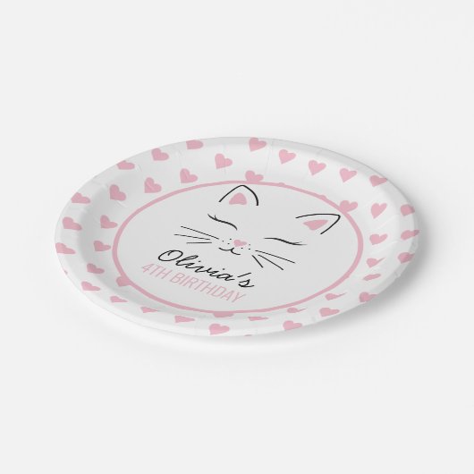ピンクハートの子猫バースデーパーティープレート ペーパープレート (アングル)