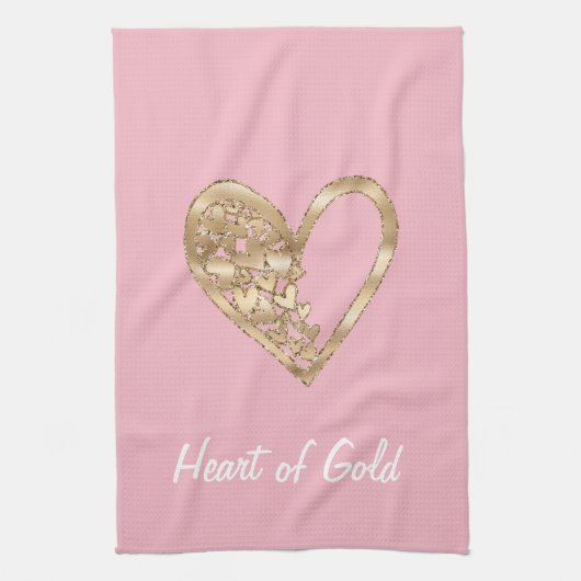 ピンクハートの金ゴールド キッチンタオル (縦)