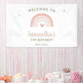 ピンクハートウォーターカラーレインボー誕生日へようこそ 横断幕