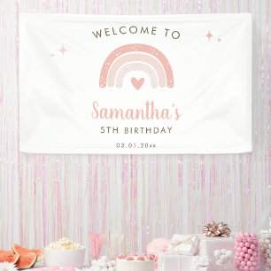 ピンクハートウォーターカラーレインボー誕生日へようこそ 横断幕