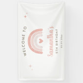 ピンクハートウォーターカラーレインボー誕生日へようこそ 横断幕 (縦)